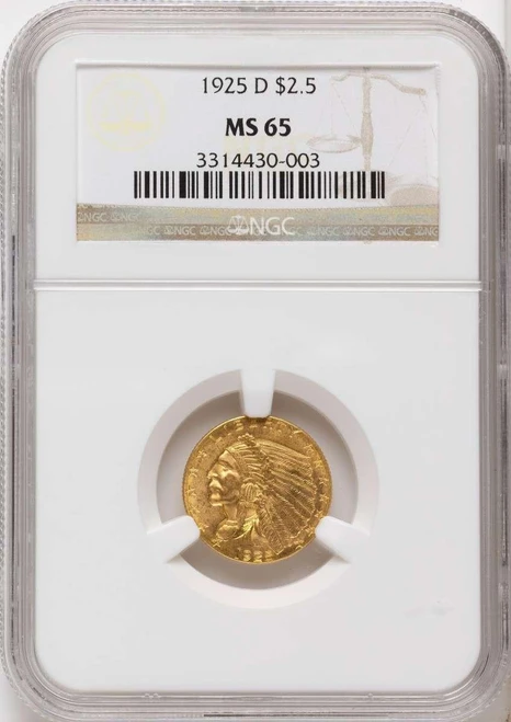 Bullionshark 1925-D $2.5 Indian Gold Quarter Eagle Coin NGC MS65 - HAT525206034 