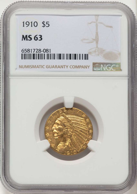 1910 $5 Indian Gold Half Eagle Coin NGC MS63 coin front image