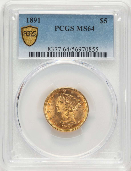 1891 $5 Gold Liberty PCGS MS64 coin front image