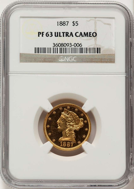 1887 $5 Proof Liberty Gold Half Eagle Coin NGC PF63 UCAM coin front image