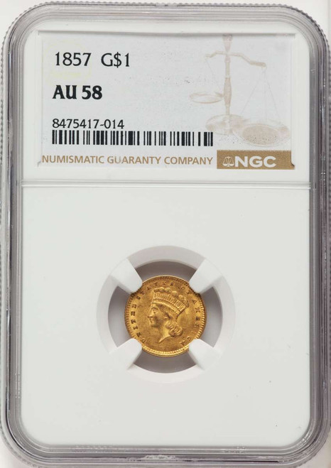 1857 G$1 Gold Dollar Coin NGC AU58 coin front image