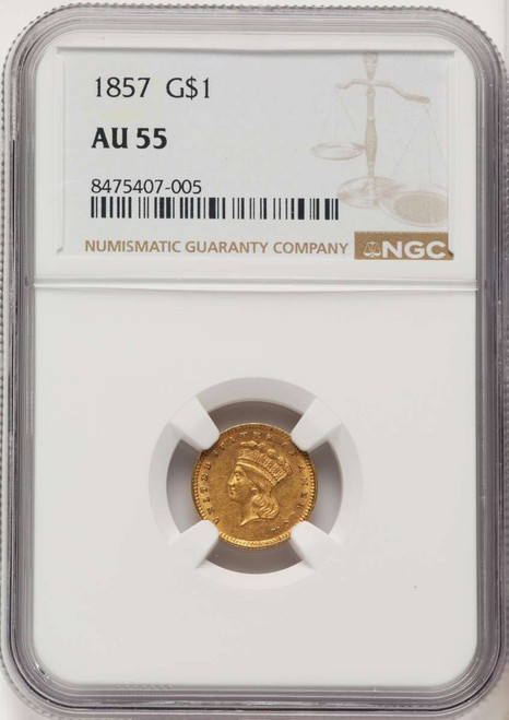 1857 G$1 Gold Dollar Coin NGC AU55 coin front image