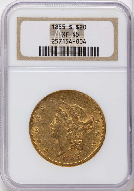1855-S $20 Gold Liberty Double Eagle NGC XF45 coin front image