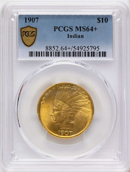 1907 $10 Indian Gold Eagle Coin PCGS MS64  +  No Motto coin front image