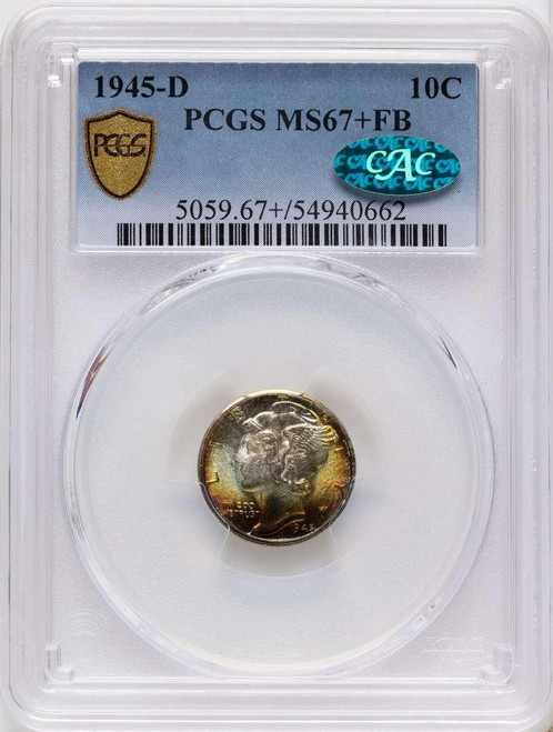 Bullionshark 1945-D 10C Mercury Dime Coin PCGS MS67  CAC + - HAT782656002 