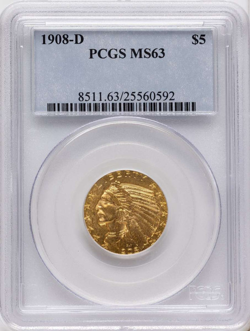 1908-D $5 Indian Gold Half Eagle Coin PCGS MS63 coin front image