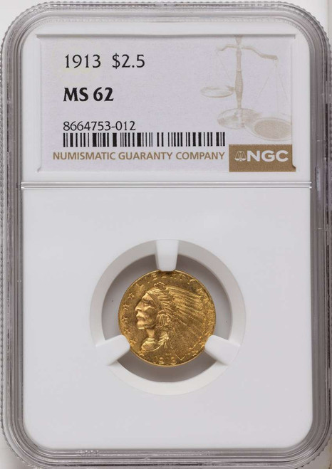 Bullionshark 1913 $2.5 Indian Gold Quarter Eagle Coin NGC MS62 - HAT789070026 
