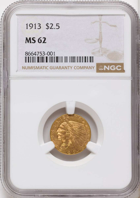 Bullionshark 1913 $2.5 Indian Gold Quarter Eagle Coin NGC MS62 - HAT789185015 
