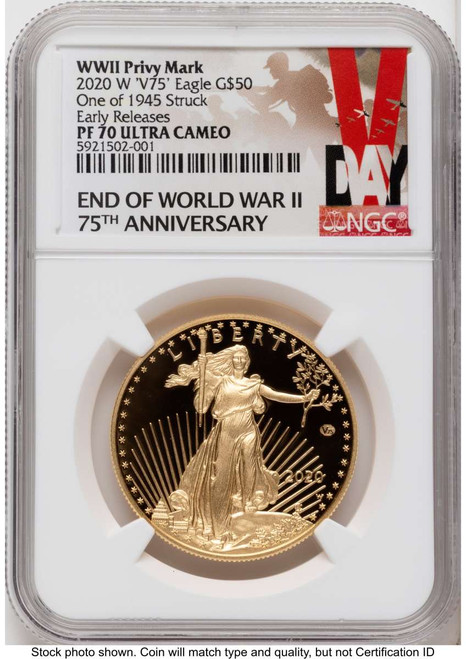 Bullionshark 2020-W G$50 Proof 1 oz American Gold Eagle Coin NGC PF70 UCAM - v75 Privy - 1 of 1 - 945 Struck - HAT790111001 