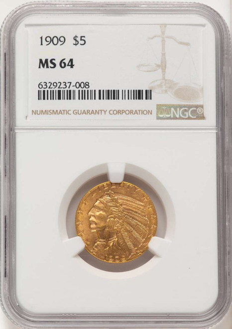 1909 $5 Indian Gold Half Eagle Coin NGC MS64 coin front image