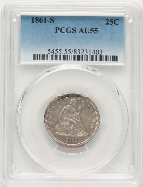 1861-S 25C Seated Quarter Coin PCGS AU55 coin front image
