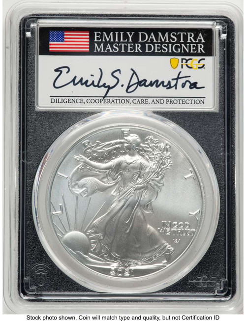 2021 S$1 American Silver Eagle Coin PCGS MS70 - Type Two - First Day of Issue - Damstra Signature coin front image