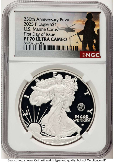 Bullionshark 2025-W $1 Proof American Silver Eagle Coin NGC PF70 UCAM - U.S. Marine Corps Privy - HAT522803019 