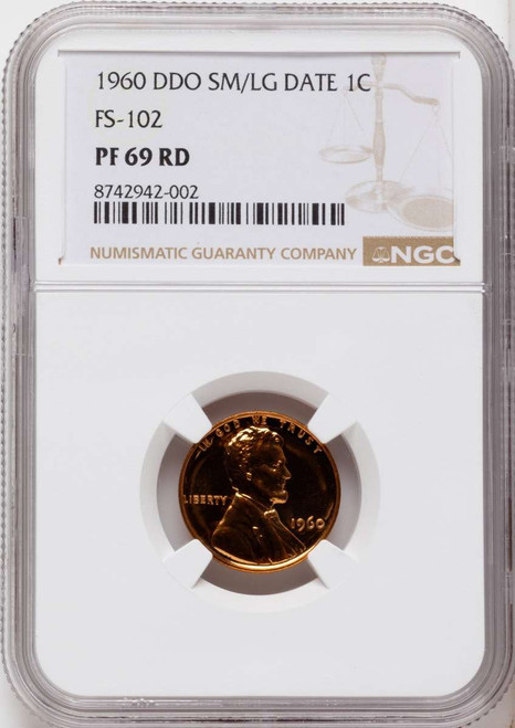 1960 1C Proof Lincoln Cent Coin NGC PF69   Small Over Large Date RD coin front image