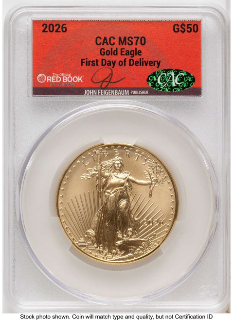 2026 $50 1 oz American Gold Eagle Coin CACG MS70 coin front image