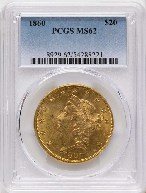 1860 $20 Gold Liberty Double Eagle PCGS MS62 coin front image