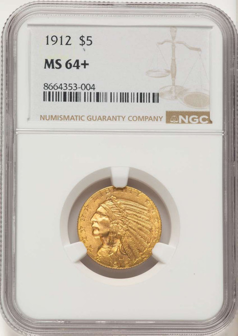 1912 $5 Indian Gold Half Eagle Coin NGC MS64  + coin front image