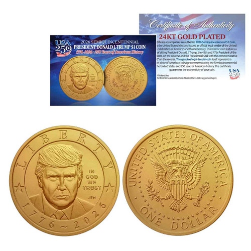  2026 President Donald J. Trump Semiquincentennial $1 Coin – 24K Gold-Plated Edition with COA 