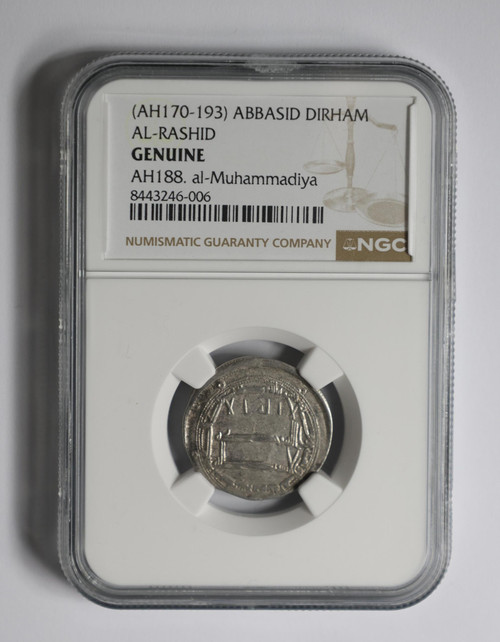 Bullionshark Abbasid Silver Dirham of al-Rashid NGC Genuine (NG) 