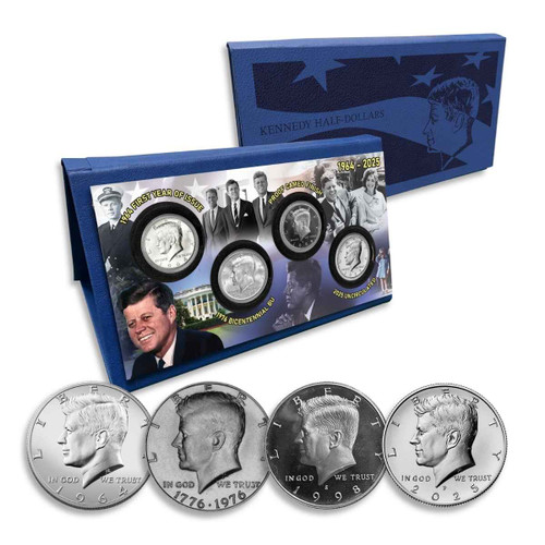 1964-2025 John F. Kennedy Half Dollar Legacy 4-Coin Set – 90% Silver, Bicentennial, Proof & Final-Year Issue
