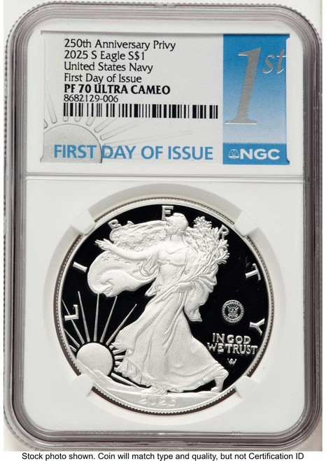 Bullionshark 2025-W $1 Proof American Silver Eagle Coin NGC PF70 UCAM - U.S. Navy Privy - First Day of Issue - HAT522162144 