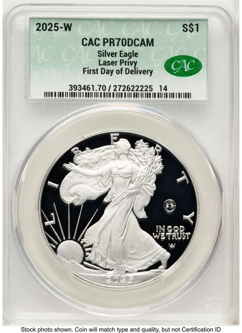 Bullionshark 2025-W $1 Proof American Silver Eagle Coin CACG PR70 DCAM - Laser Privy - First Day of Issue - HAT521932064 
