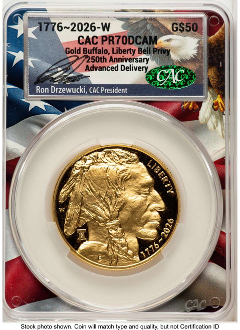 Bullionshark 2026-W G$50 Proof 1 oz American Gold Buffalo Coin CACG PR70 DCAM - Liberty Bell 250 Privy - Advanced Release - HAT788825014 