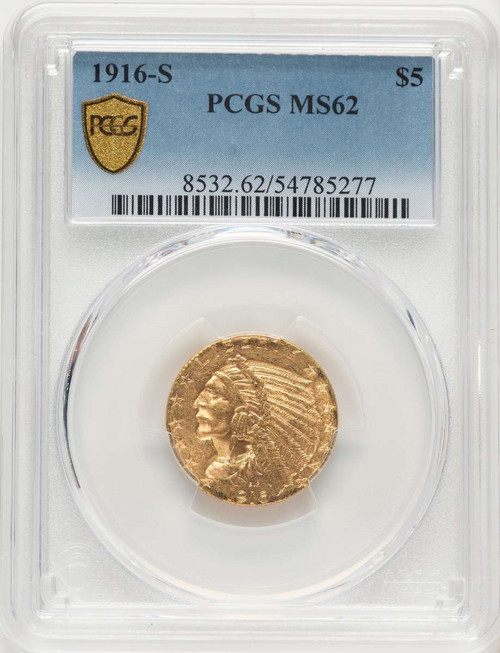Bullionshark 1916-S $5 Indian Gold Half Eagle Coin PCGS MS62 - HAT787591003 