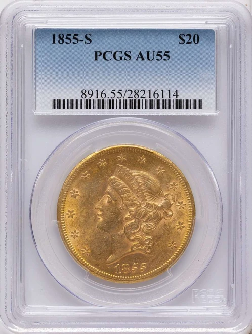 Bullionshark 1855-S $20 Gold Liberty Double Eagle PCGS AU55 - HAT790980017 