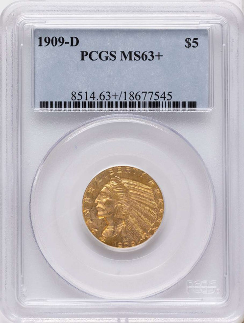 Bullionshark 1909-D $5 Indian Gold Half Eagle Coin PCGS MS63  + - HAT525206054 