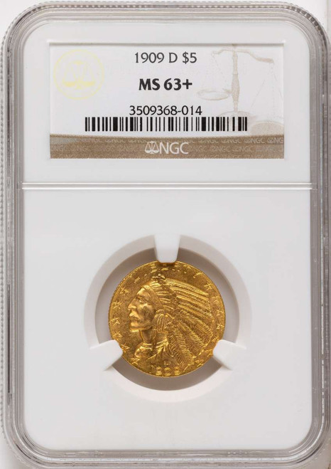 Bullionshark 1909-D $5 Indian Gold Half Eagle Coin NGC MS63  + - HAT525206056 