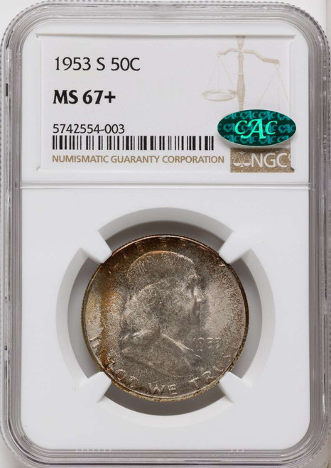 Bullionshark 1953-S 50C Franklin Half Dollar Coin NGC MS67  CAC + - HAT791027062 