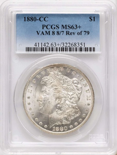 Bullionshark 1880-CC $1 Morgan Silver Dollar Coin PCGS MS63  +  Reverse of 1879 - 8/7 Dash - VAM-8 - HAT790961004 