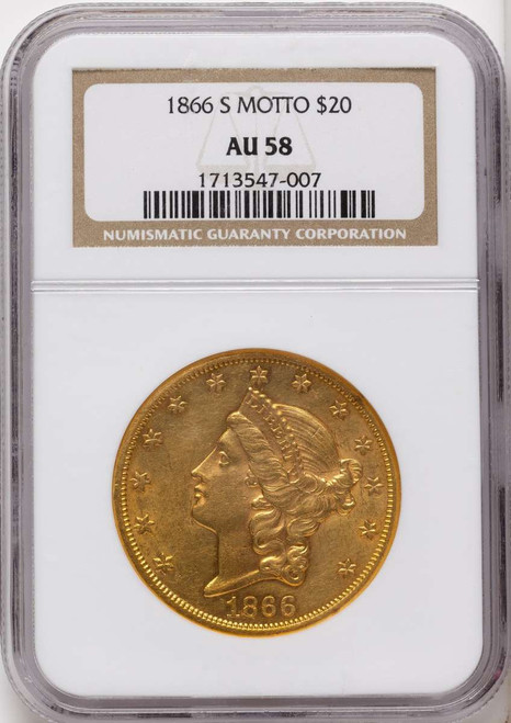 Bullionshark 1866-S $20 Gold Liberty Double Eagle NGC AU58   Motto - HAT790382007 