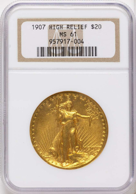 Bullionshark 1907 $20 High Relief Saint Gaudens Double Eagle NGC MS61 - Wire Rim - HAT789828001 