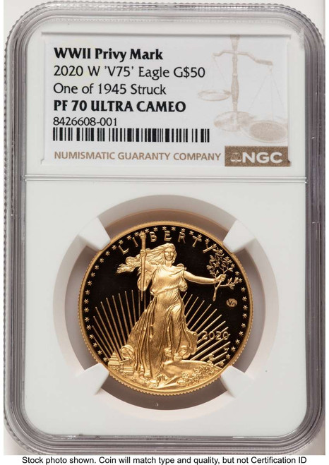 Bullionshark 2020-W G$50 Proof 1 oz American Gold Eagle Coin NGC PF70 UCAM - v75 Privy - 1 of 1 - 945 Struck - HAT790460015 
