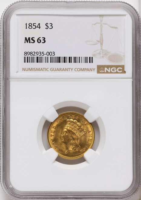1854 $3 Three Dollar Gold  Coin NGC MS63 coin front image