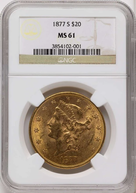 Bullionshark 1877-S $20 Gold Liberty Double Eagle NGC MS61 - HAT789201028 