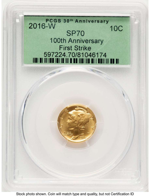 Bullionshark 2016-W 10C Modern Bullion Coin PCGS MS70   Mercury Dime - Gold 100th Anniversary - First Strike - HAT508305002 