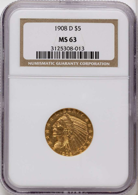 Bullionshark 1908-D $5 Indian Gold Half Eagle Coin NGC MS63 - HAT508427003 