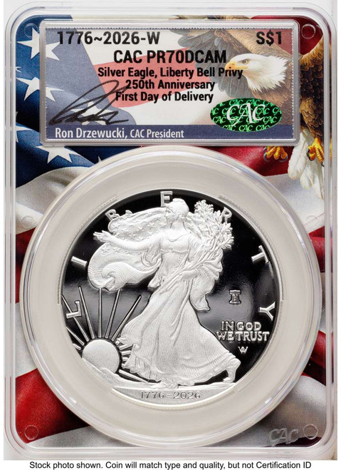 Bullionshark 2026-W $1 Proof American Silver Eagle Coin CACG PR70 DCAM - Liberty Bell 250 Privy - HAT789513028 