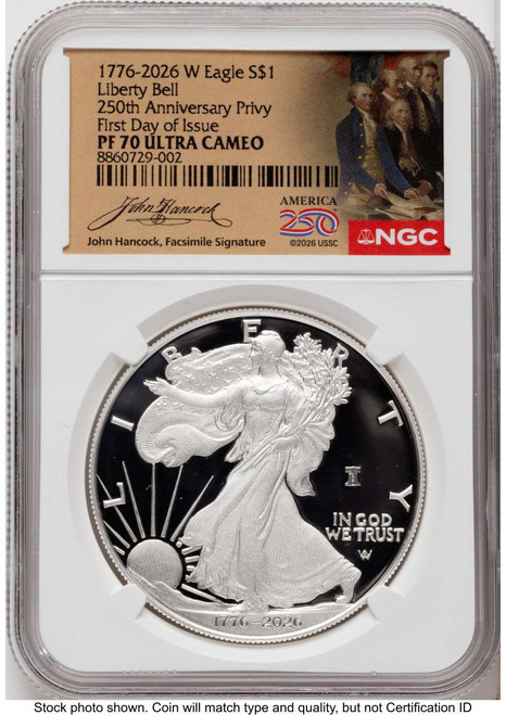 2026-W $1 Proof American Silver Eagle Coin NGC PF70 UCAM - Liberty Bell 250 Privy coin front image