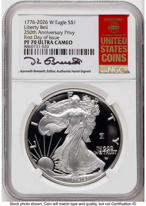 Bullionshark 2026-W $1 Proof American Silver Eagle Coin NGC PF70 UCAM - Liberty Bell 250 Privy - HAT525055080 