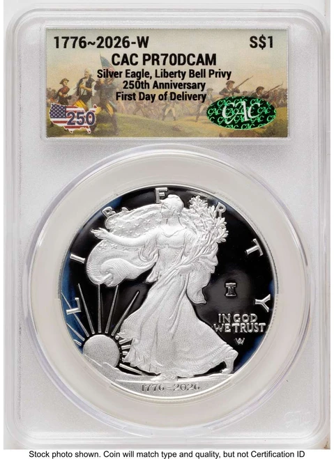 Bullionshark 2026-W $1 Proof American Silver Eagle Coin CACG PR70 DCAM - Liberty Bell 250 Privy - HAT525055082 