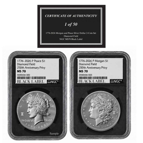 1776-2026 Diamond Field Morgan and Peace Silver Dollar Set NGC MS70 Black Label 1 of 50