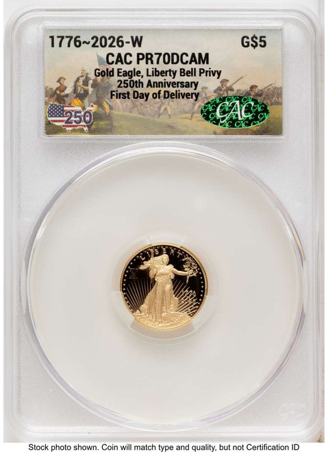 2026-W G$5 Proof 1/10 oz American Gold Eagle Coin CACG PR70 DCAM - Liberty Bell 250 Privy coin front image
