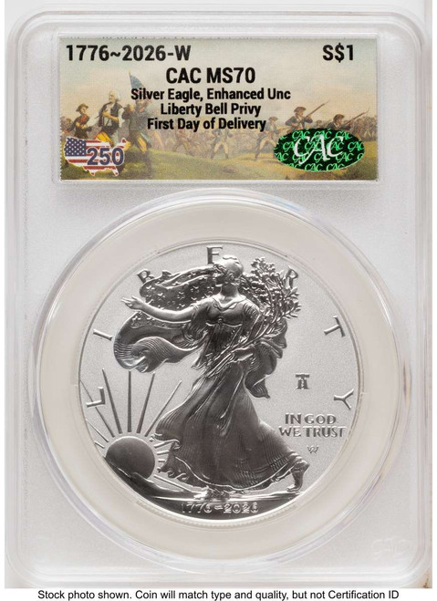 2026-W S$1 American Silver Eagle Coin CACG MS70 - Enhanced - Liberty Bell Privy - First Day of Issue coin front image