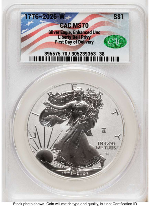 2026-W S$1 American Silver Eagle Coin CACG MS70 - Enhanced - Liberty Bell Privy - First Day of Issue coin front image