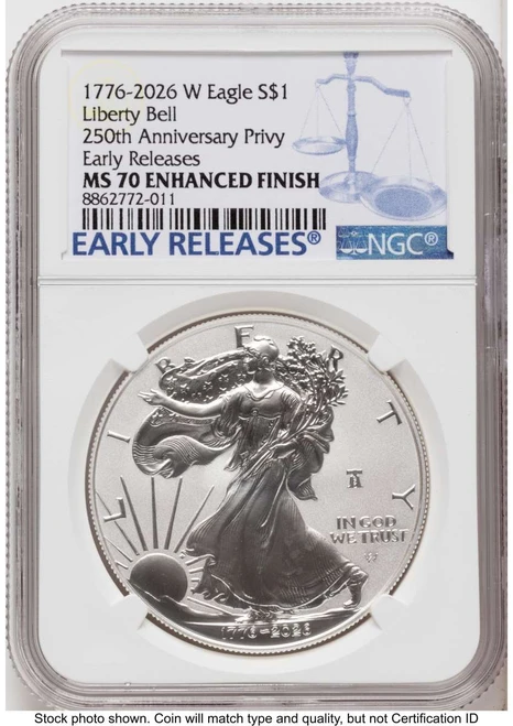 2026-W S$1 American Silver Eagle Coin NGC MS70 - Enhanced - Liberty Bell Privy - First Strike coin front image
