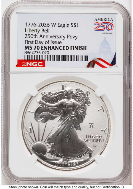 2026-W S$1 American Silver Eagle Coin NGC MS70 - Enhanced - Liberty Bell Privy - First Day of Issue coin front image